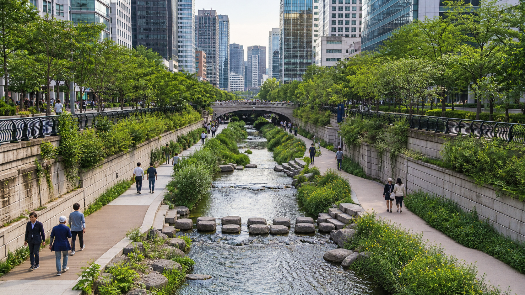 Cheonggyecheon Stream in Seoul with pedestrian walkways, greenery, water, and surrounding city buildings.