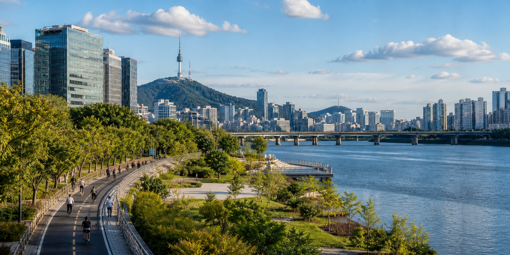 Contemporary Seoul skyline, Han River, Namsan Seoul Tower, and riverfront greenspace with walking and cycling paths.